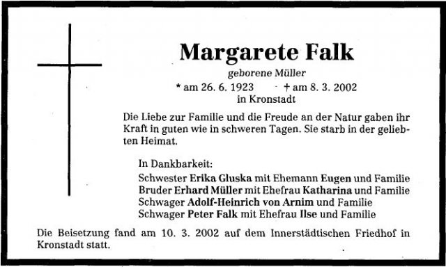 Mueller Margarete (Udo Falk) 1923-2002 Todesanzeige